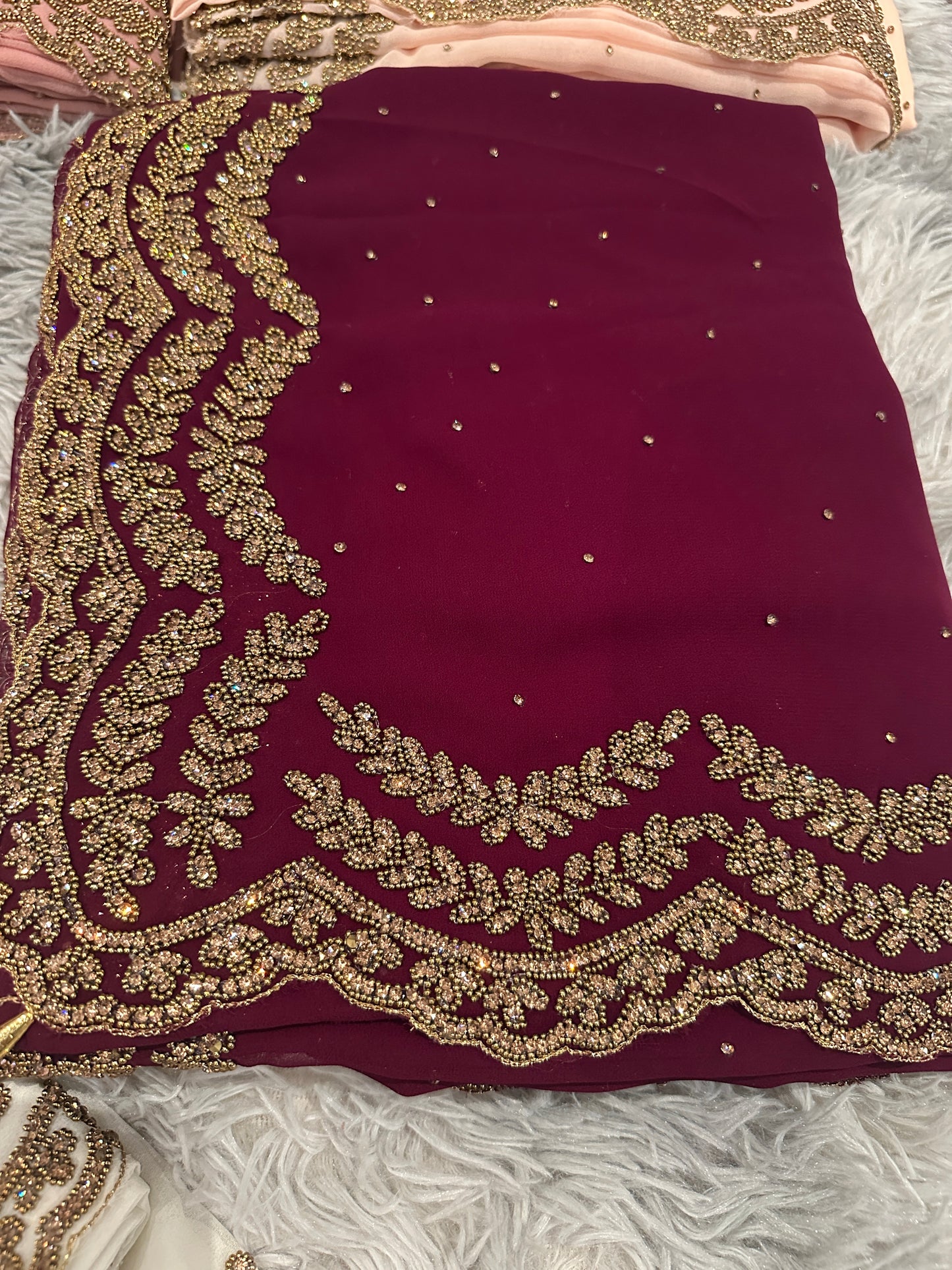 Stylish Gold stone work Saree with ready made blouse.