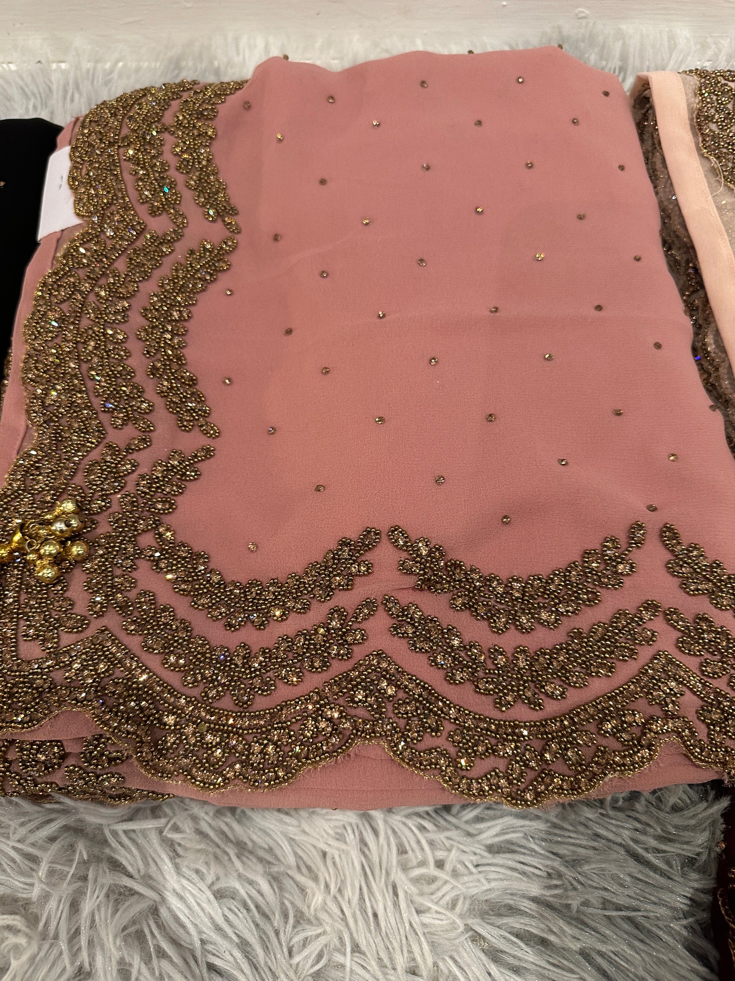 Stylish Gold stone work Saree with ready made blouse.