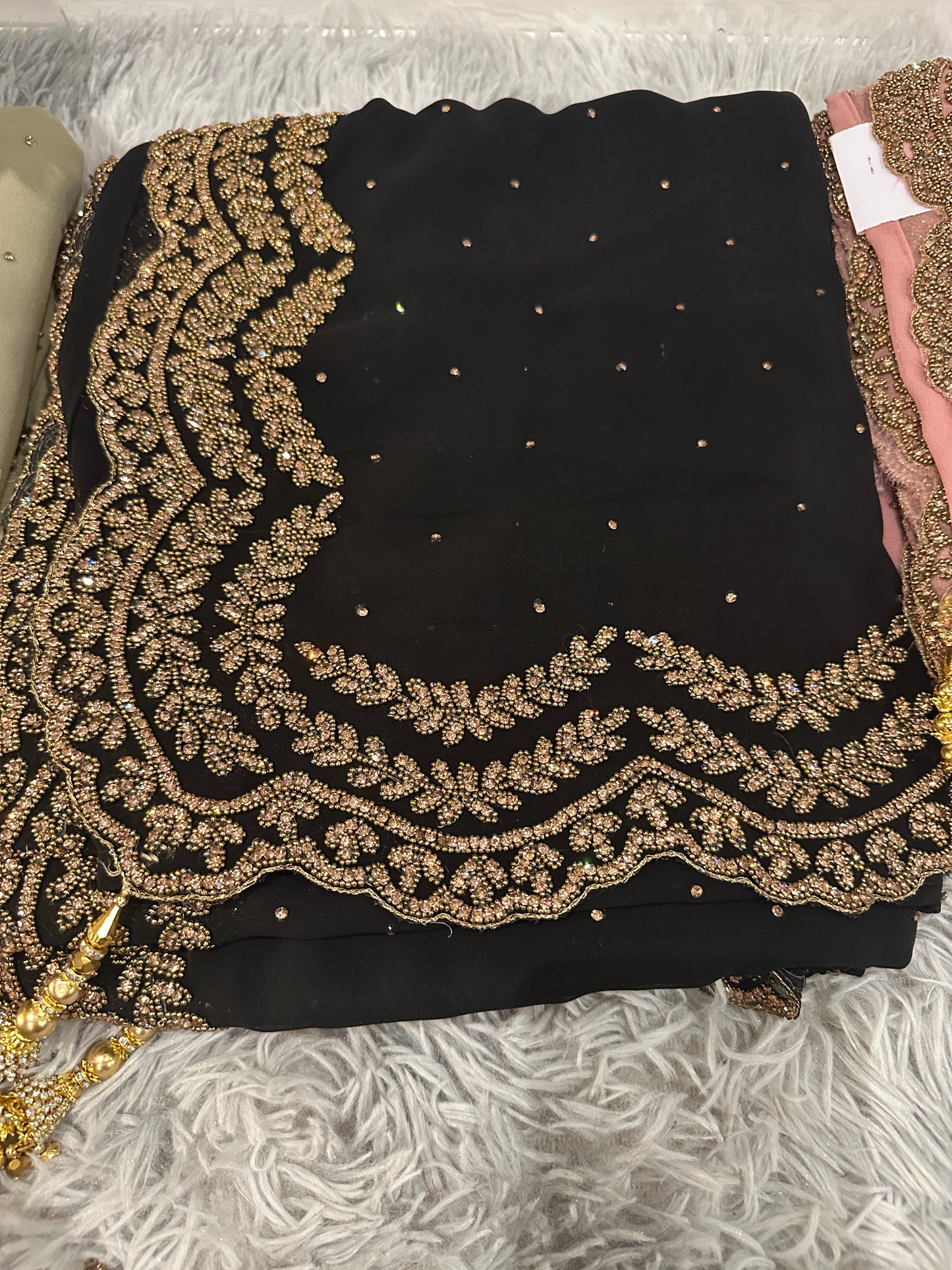 Stylish Gold stone work Saree with ready made blouse.